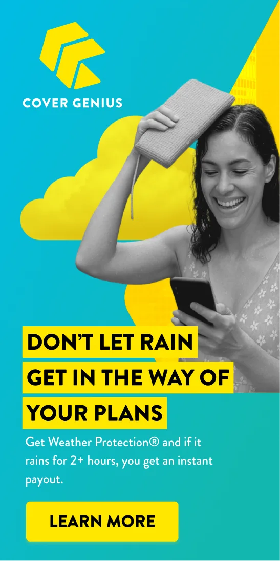 The Weather Protection half-page ad: a tall vertical unit with the Cover Genius logo, a traveler shielding from rain with her clutch, the headline Don’t let rain get in the way of your plans, and a Learn More button