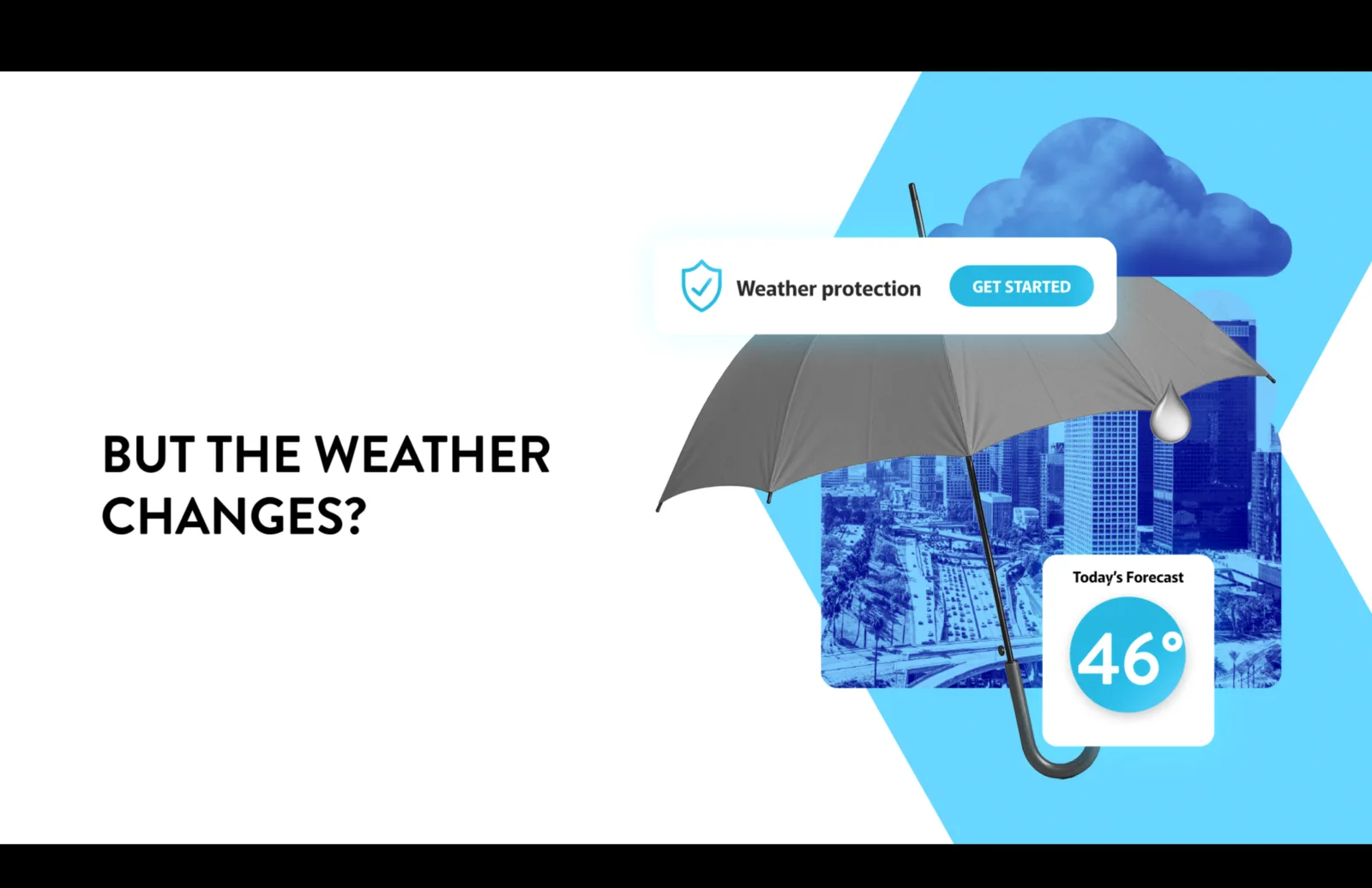 Frame from the spot: a cyan collage with an umbrella, a rain cloud, a 46° forecast, and a Weather Protection card
