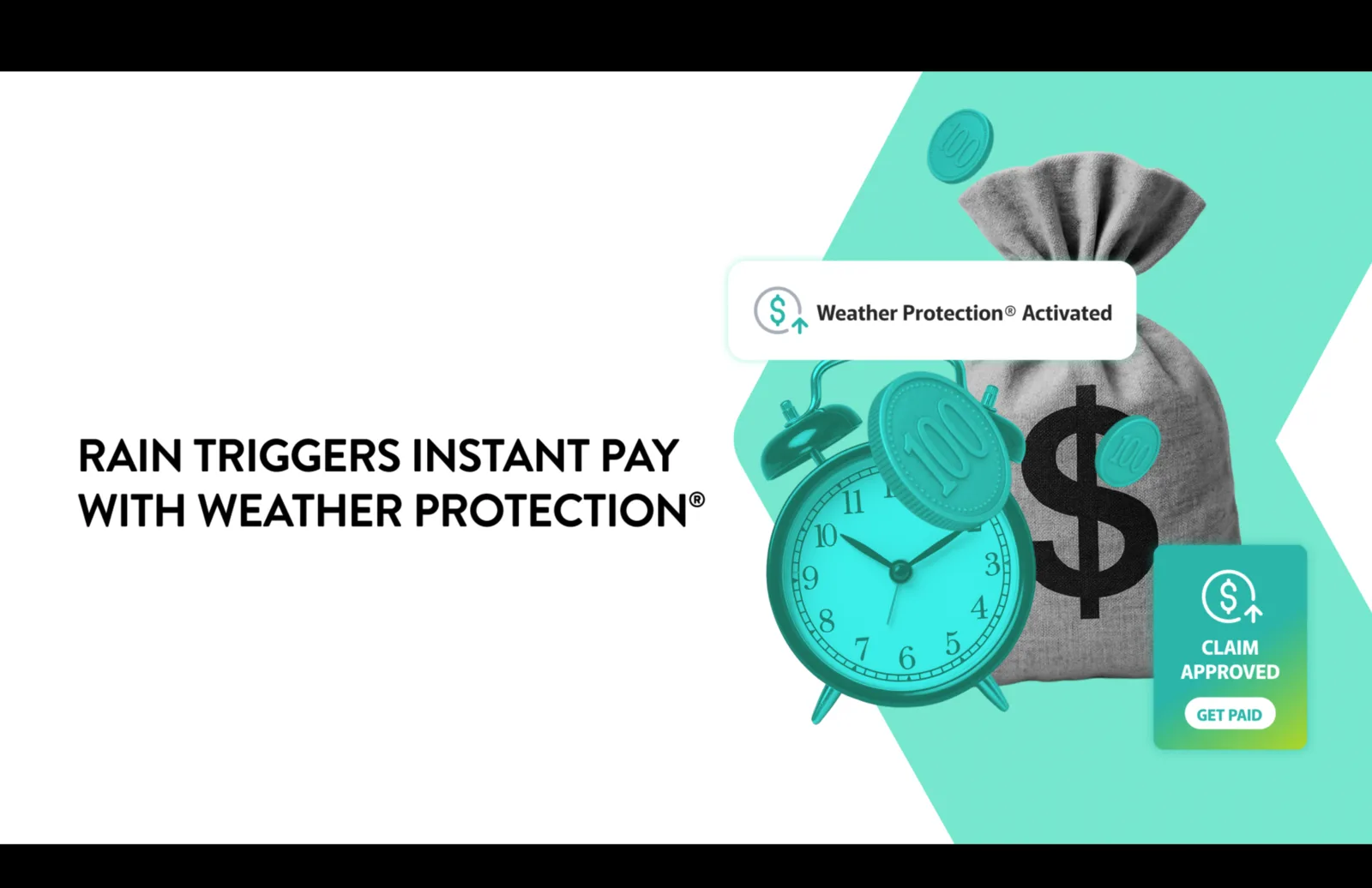 Frame from the spot: a teal collage with an alarm clock and a money bag, and a Claim Approved, Get Paid card