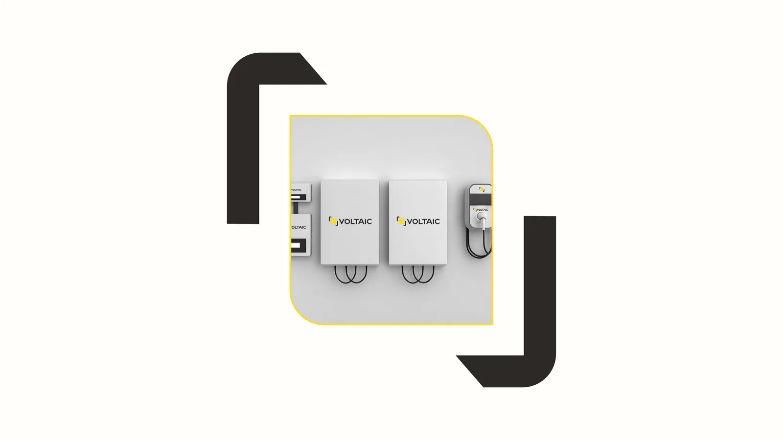 Voltaic identity cover: two black energy-exchange brackets framing wall batteries with a yellow keyline