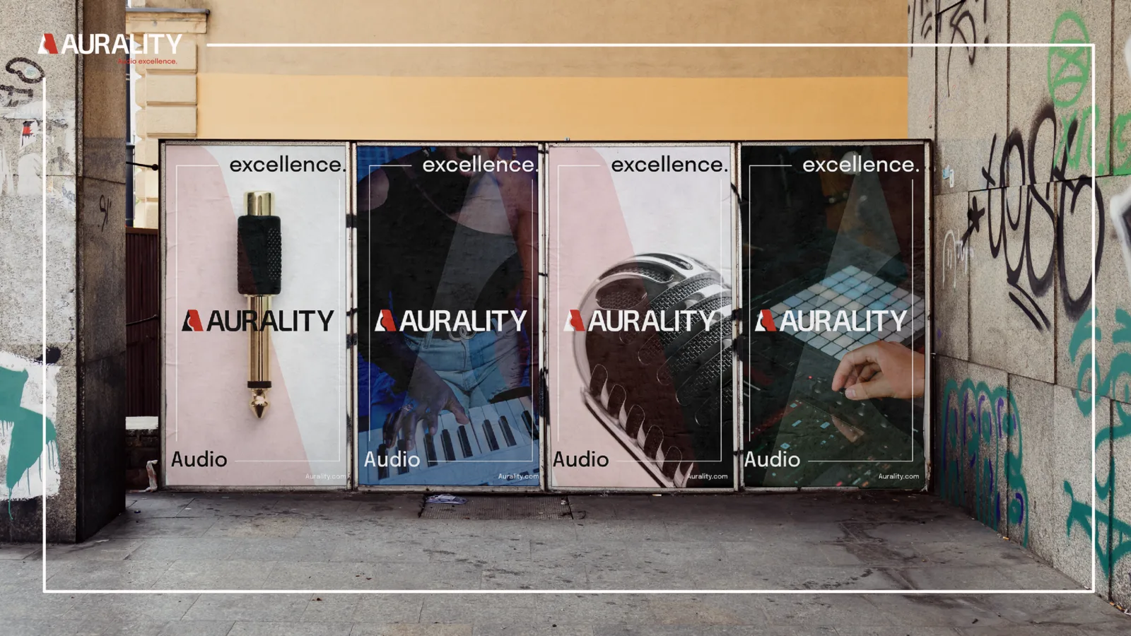 Four Aurality posters wheat-pasted on a graffiti alley shutter wall in daylight