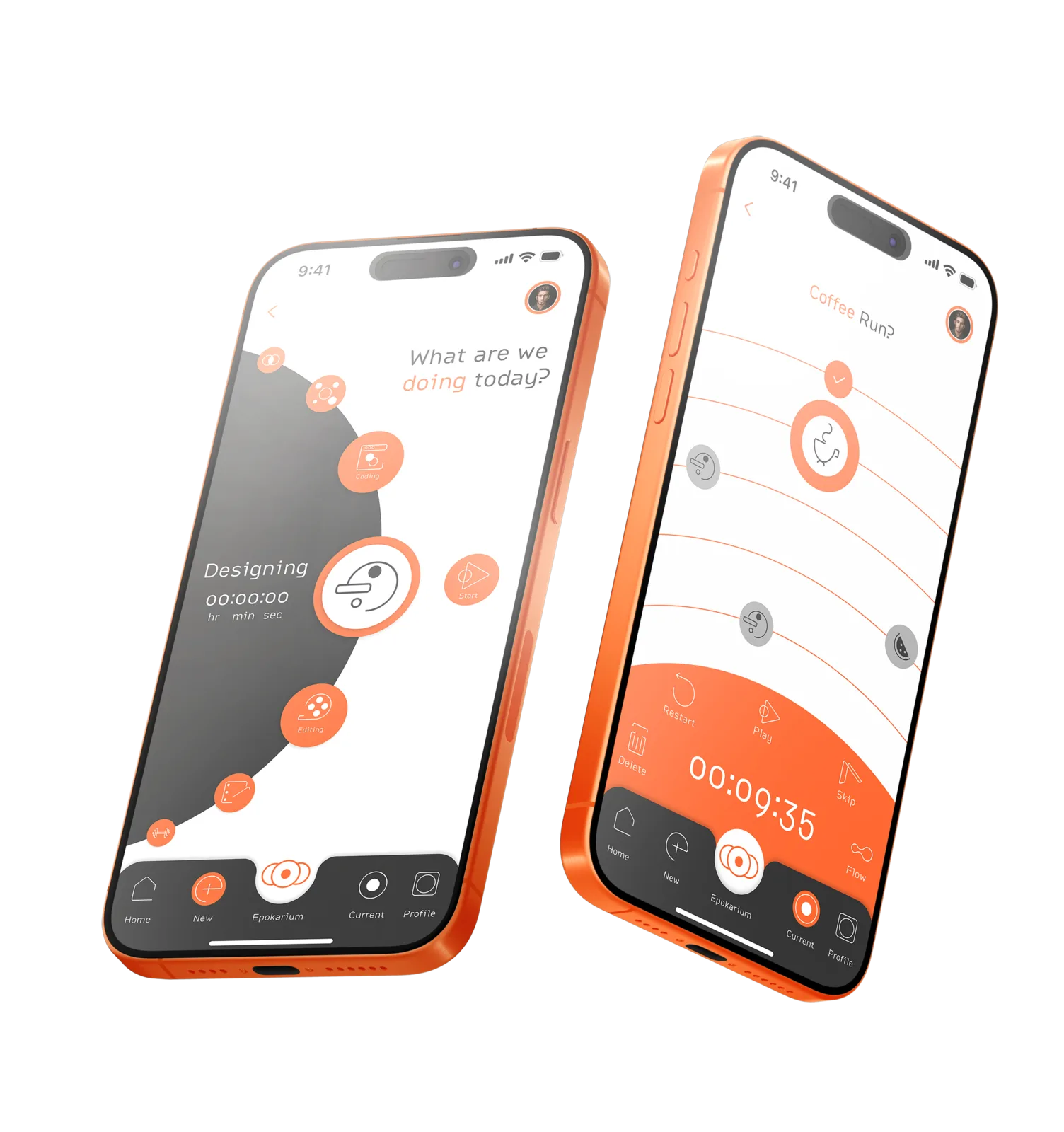 Two floating iPhones running Epok: orbital category picker and a running 00:09:35 timer, orange frames on a light ground