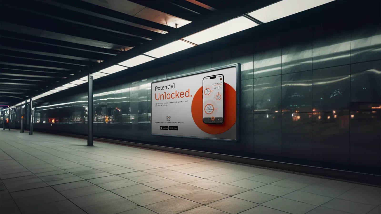 Night transit station with a lit Epok billboard reading Potential Unlocked