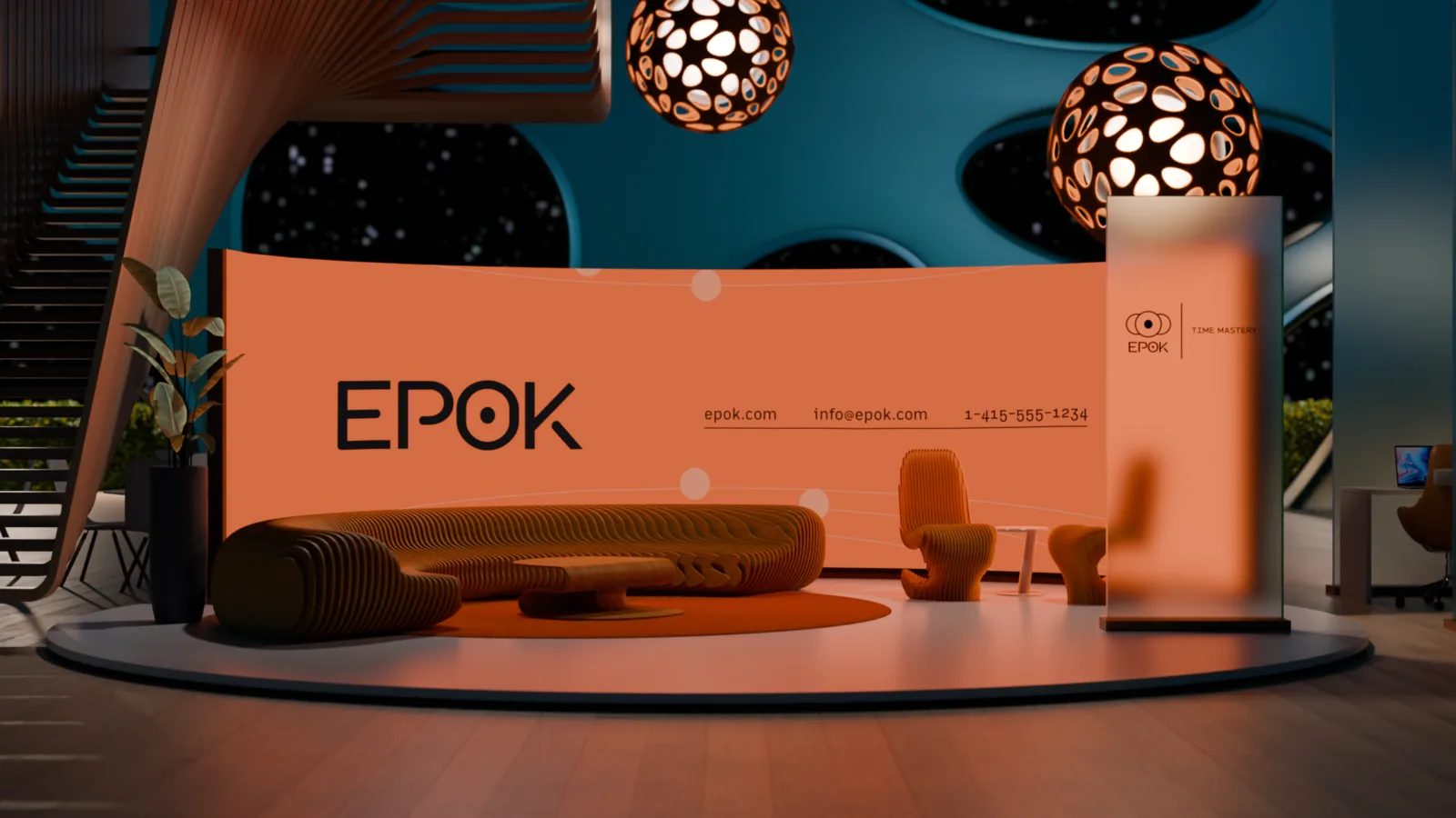 Branded lobby render: orange EPOK wall, sculpted furniture, globe pendant lamps