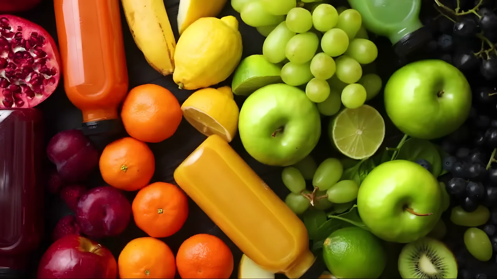 Rainbow produce flat-lay from the Freshly shoot: juice bottles, citrus, apples, grapes, kiwi and berries edge to edge on dark slate