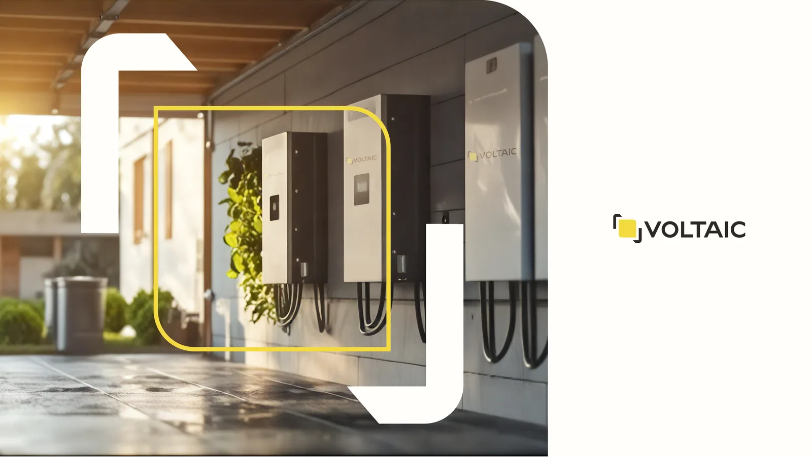 Sunlit home garage with Voltaic wall chargers framed by the yellow energy bracket