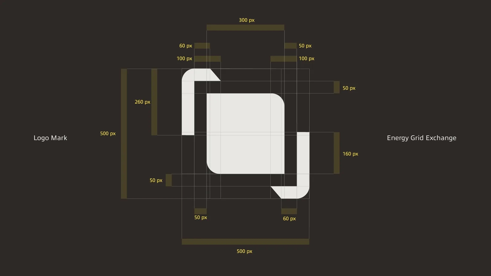 Energy Grid Exchange logo construction measured in yellow pixel callouts on dark umber